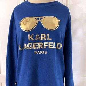 Karl Lagerfeld Paris Sweatshirt Women's XS Royal Blue Gold Foil Glasses Y2K